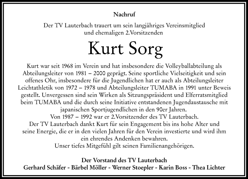  Traueranzeige für Kurt Sorg vom 05.10.2021 aus 562 Lauterbacher Anzeiger