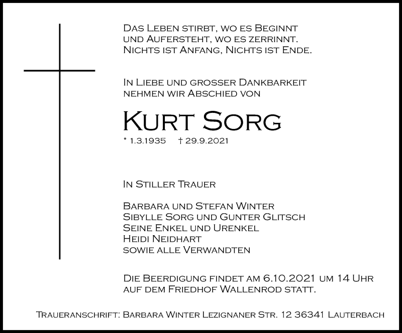  Traueranzeige für Kurt Sorg vom 02.10.2021 aus 562 Lauterbacher Anzeiger