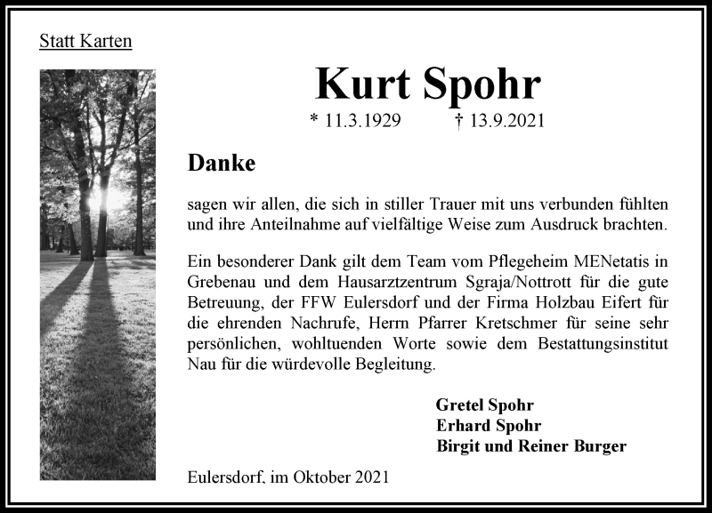  Traueranzeige für Kurt Spohr vom 23.10.2021 aus 563 Oberhessische Zeitung