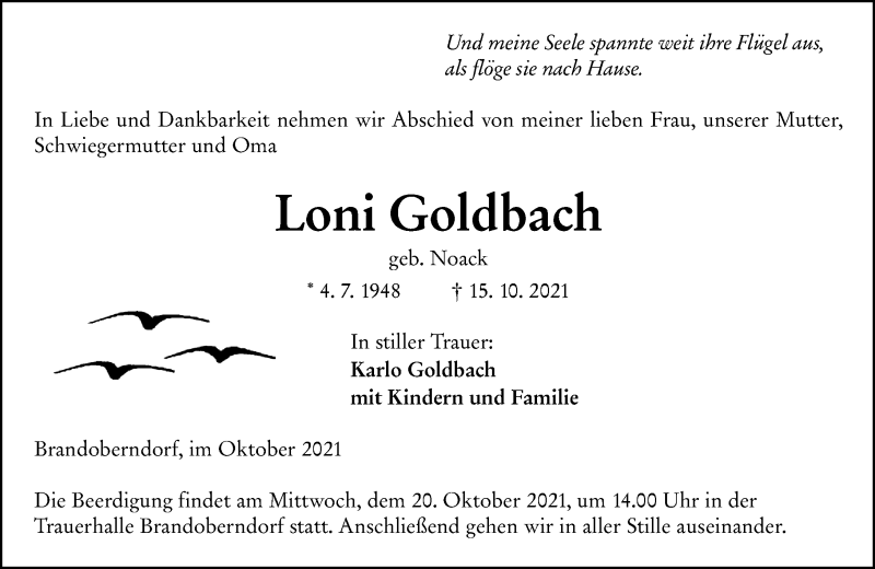  Traueranzeige für Loni Goldbach vom 19.10.2021 aus 201 Wetzlarer Neue Zeitung