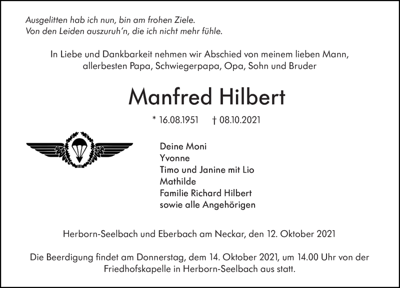  Traueranzeige für Manfred Hilbert vom 12.10.2021 aus 202 Dill Block