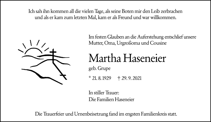  Traueranzeige für Martha Haseneier vom 23.10.2021 aus 201 Wetzlarer Neue Zeitung