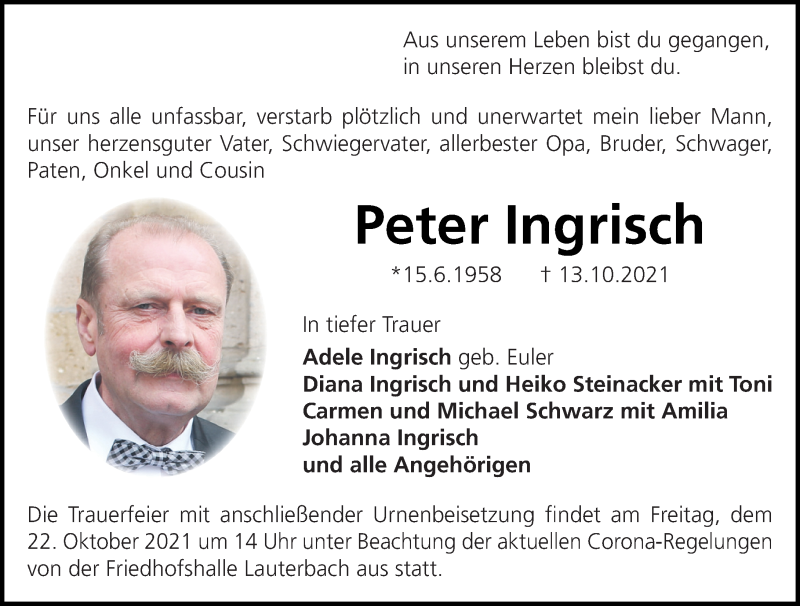  Traueranzeige für Peter Ingrisch vom 19.10.2021 aus VRM Trauer
