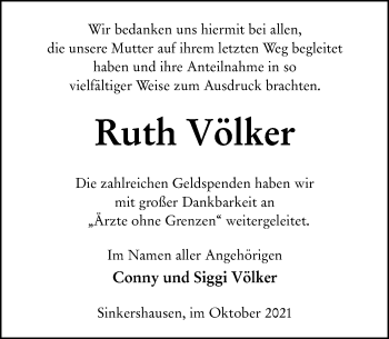 Traueranzeige von Ruth Völker von 205 Hinterländer Anzeiger