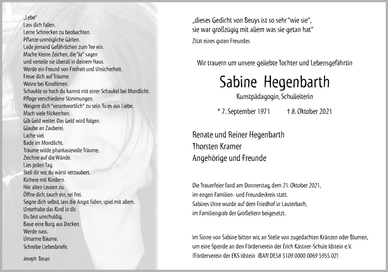  Traueranzeige für Sabine Hegenbarth vom 23.10.2021 aus 562 Lauterbacher Anzeiger