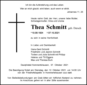 Traueranzeige von Thea Schmitt von 205 Hinterländer Anzeiger