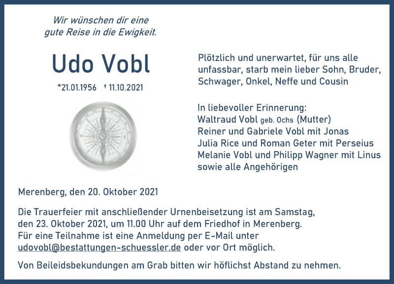 Traueranzeige für Udo Vobl vom 20.10.2021 aus 206 Weilburger Tageblatt