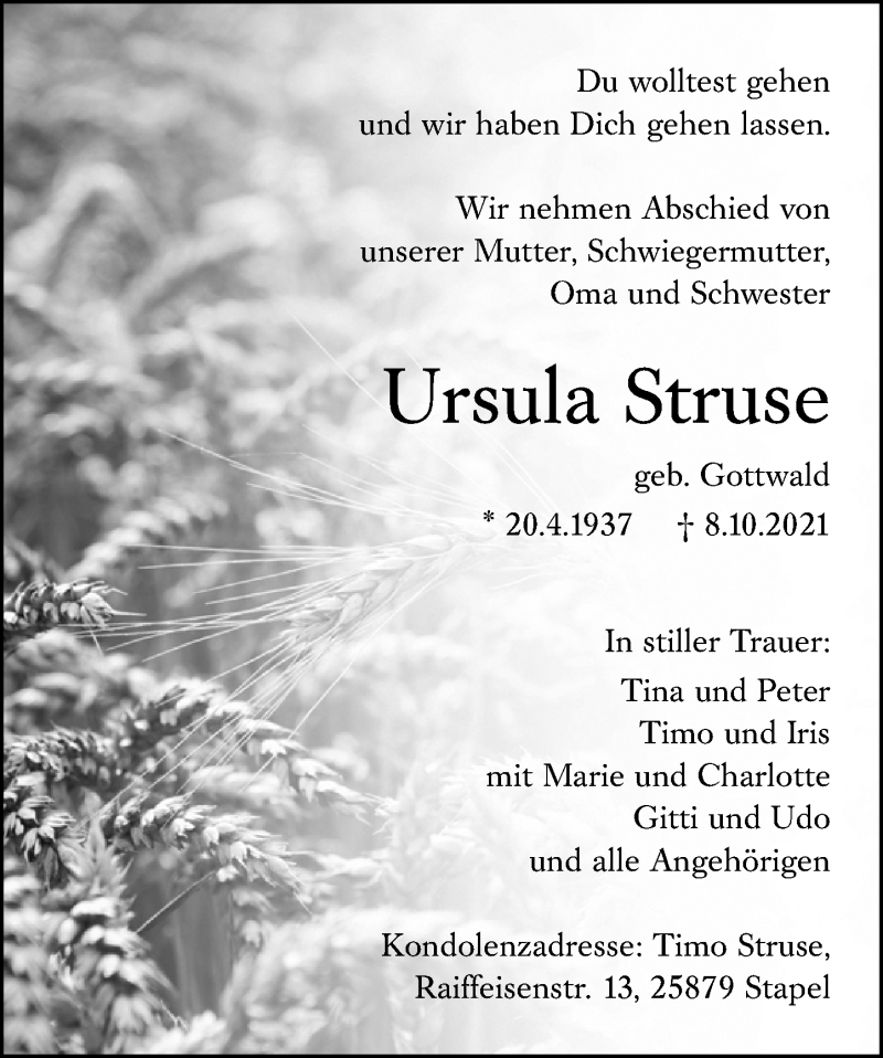  Traueranzeige für Ursula Struse vom 19.10.2021 aus 201 Wetzlarer Neue Zeitung