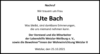 Traueranzeige von Ute Bach von 206 Weilburger Tageblatt