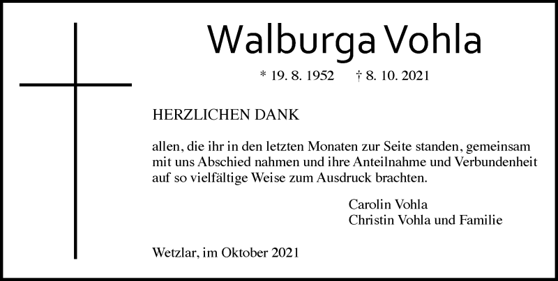  Traueranzeige für Walburga Vohla vom 27.10.2021 aus 206 Weilburger Tageblatt