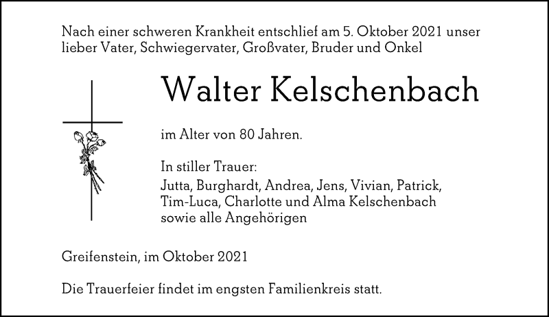  Traueranzeige für Walter Kelschenbach vom 09.10.2021 aus 202 Dill Block