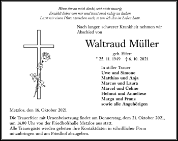 Traueranzeige von Waltraud Müller von VRM Trauer