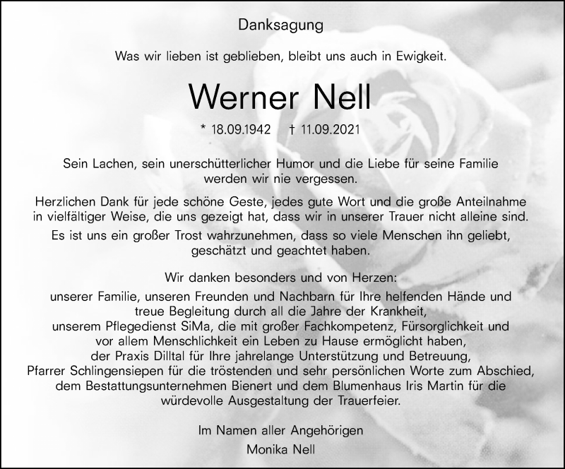  Traueranzeige für Werner Nell vom 28.10.2021 aus 201 Wetzlarer Neue Zeitung
