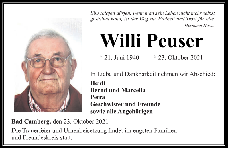  Traueranzeige für Willi Peuser vom 28.10.2021 aus 582 Camberger Anzeiger