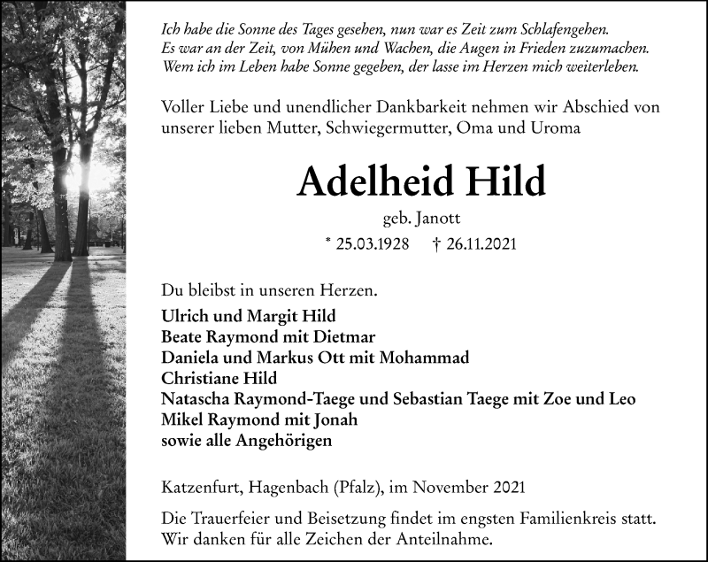  Traueranzeige für Adelheid Hild vom 30.11.2021 aus 201 Wetzlarer Neue Zeitung