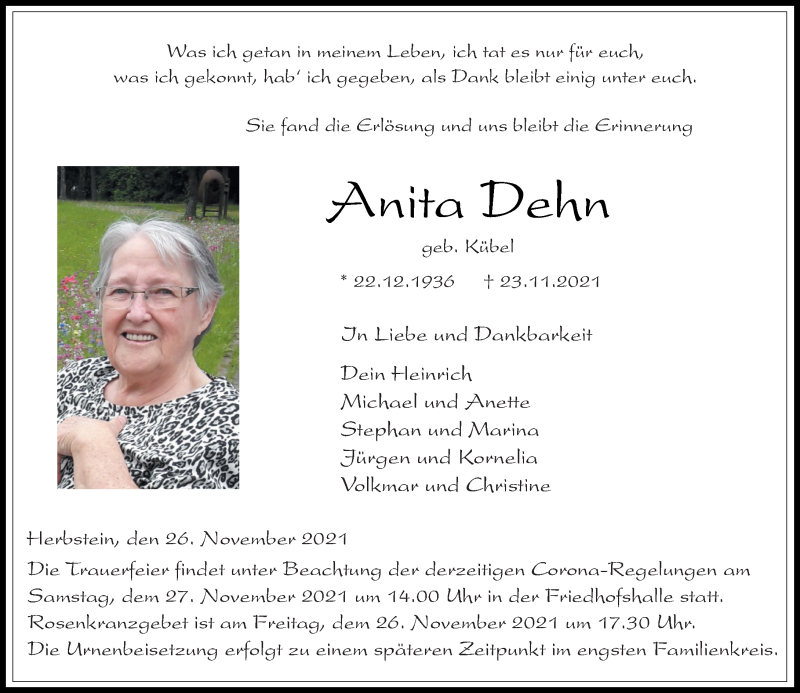  Traueranzeige für Anita Dehn vom 26.11.2021 aus 562 Lauterbacher Anzeiger