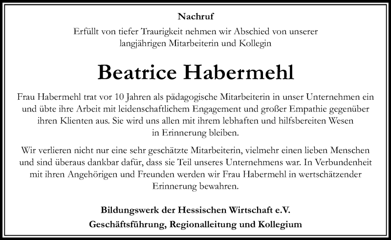  Traueranzeige für Beatrice Habermehl vom 30.11.2021 aus 563 Oberhessische Zeitung