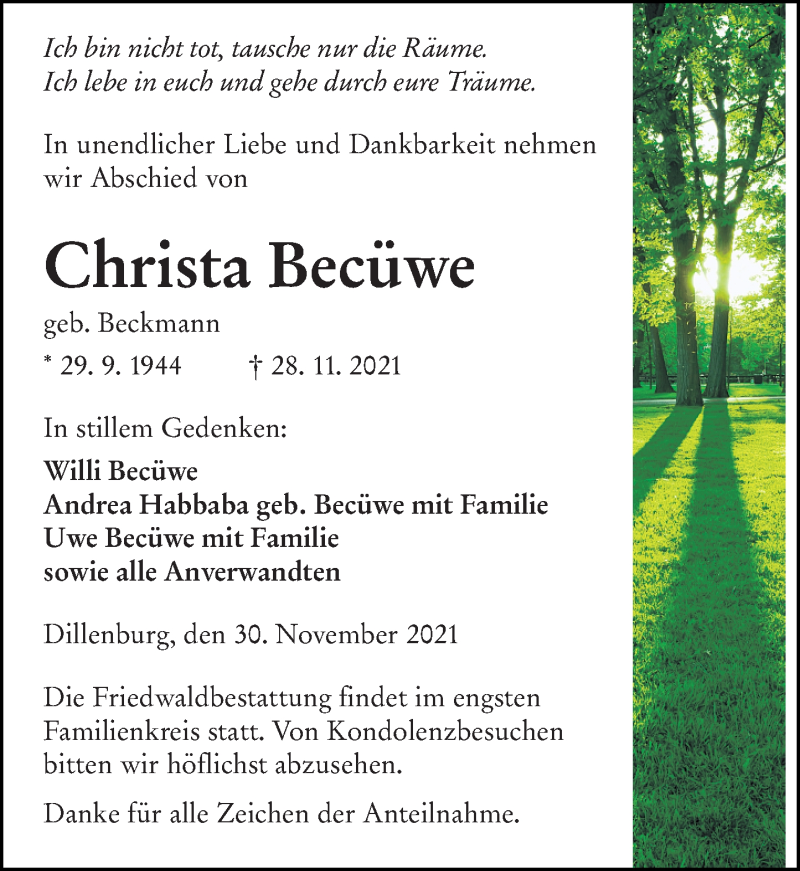  Traueranzeige für Christa Becüwe vom 30.11.2021 aus 202 Dill Block