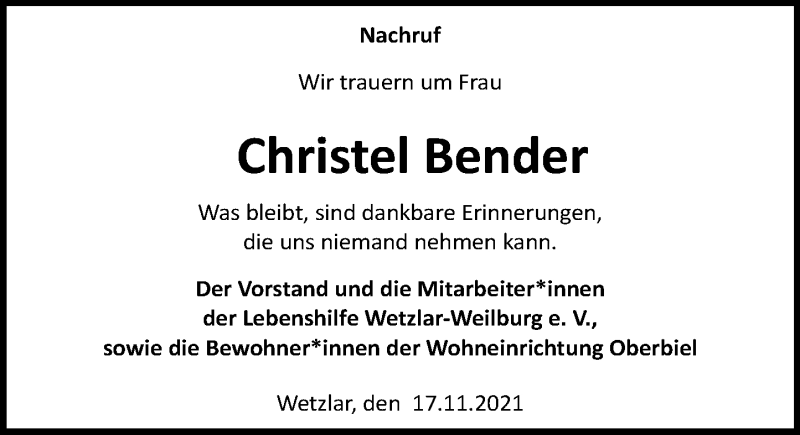  Traueranzeige für Christel Bender vom 20.11.2021 aus 206 Weilburger Tageblatt