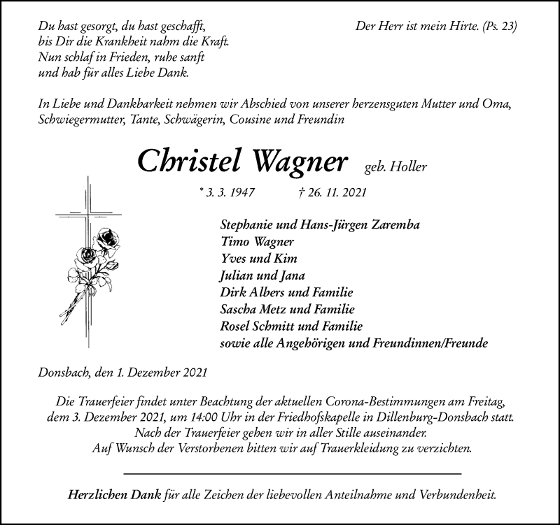  Traueranzeige für Christel Wagner vom 01.12.2021 aus 202 Dill Block