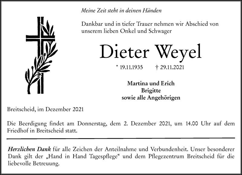  Traueranzeige für Dieter Weyel vom 01.12.2021 aus 202 Dill Block