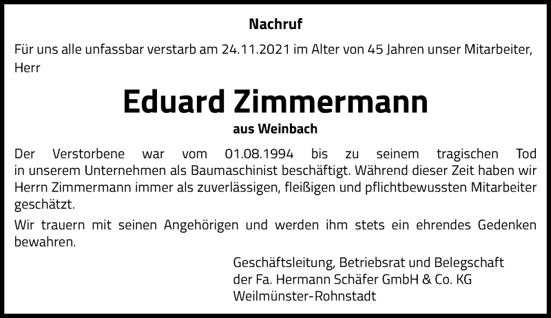  Traueranzeige für Eduard Zimmermann vom 30.11.2021 aus 206 Weilburger Tageblatt