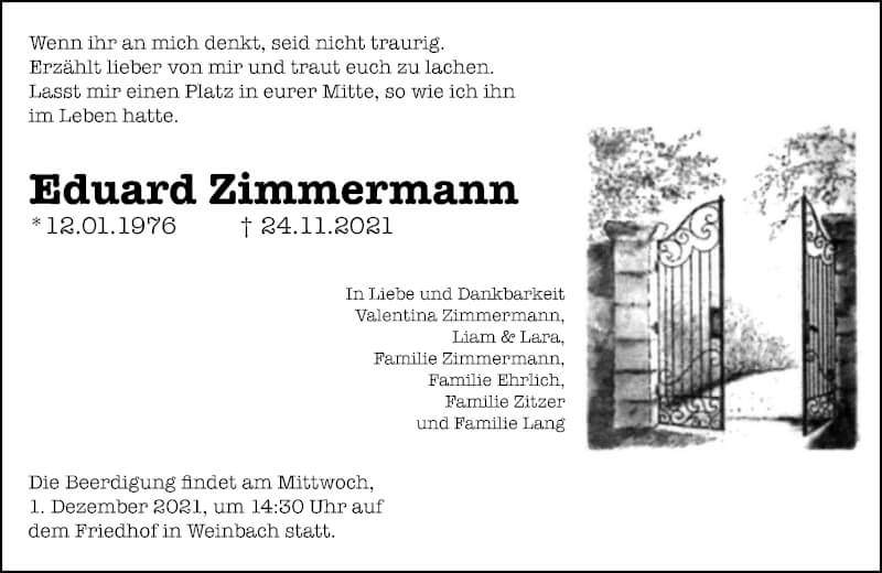  Traueranzeige für Eduard Zimmermann vom 29.11.2021 aus 206 Weilburger Tageblatt