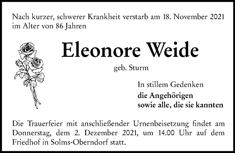  Traueranzeige für Eleonore Weide vom 27.11.2021 aus 201 Wetzlarer Neue Zeitung