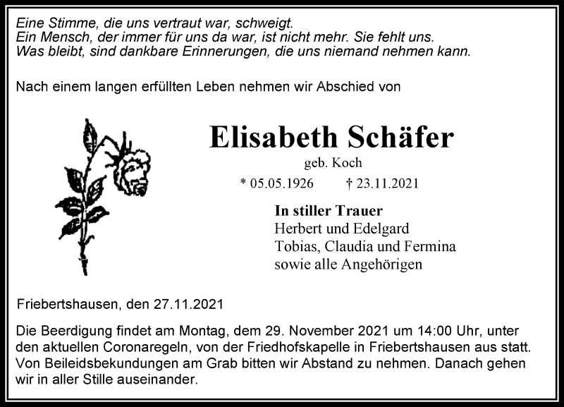  Traueranzeige für Elisabeth Schäfer vom 27.11.2021 aus 205 Hinterländer Anzeiger
