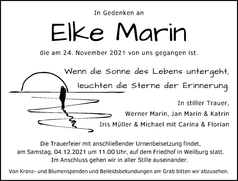  Traueranzeige für Elke Marin vom 01.12.2021 aus 206 Weilburger Tageblatt