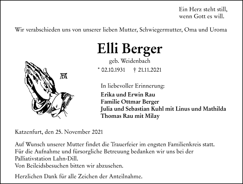  Traueranzeige für Elli Berger vom 25.11.2021 aus 201 Wetzlarer Neue Zeitung