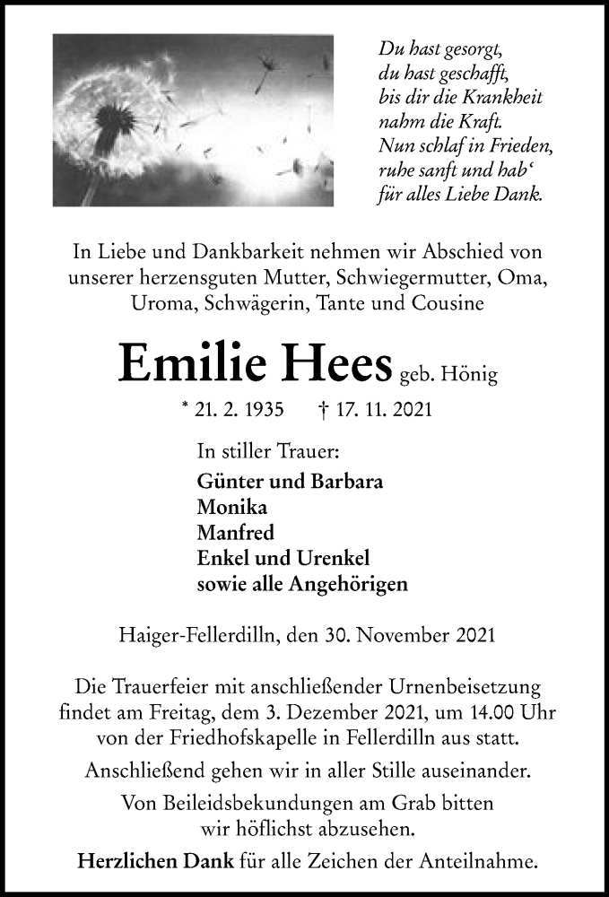  Traueranzeige für Emilie Hees vom 30.11.2021 aus 202 Dill Block