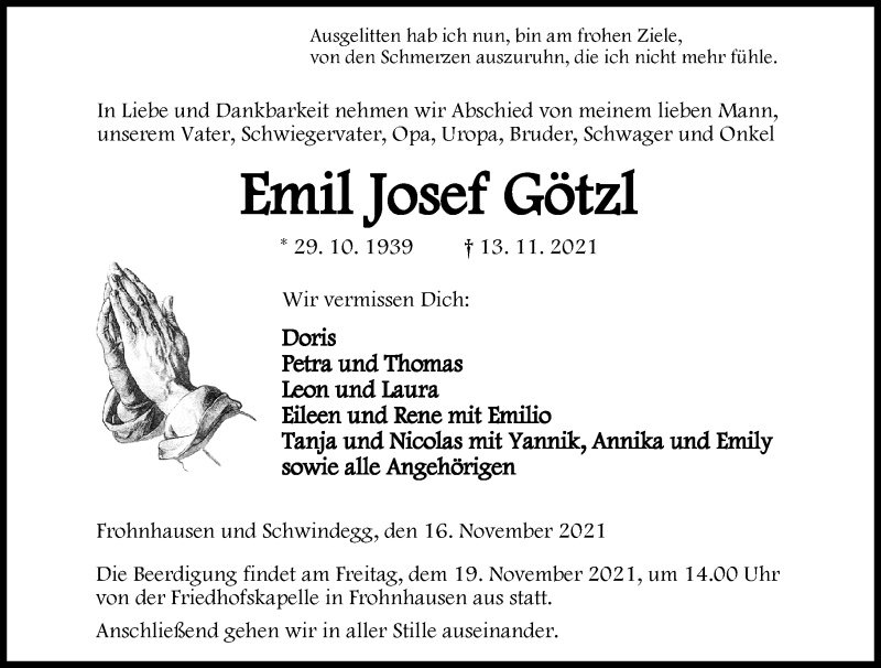  Traueranzeige für Emil Josef Götzl vom 16.11.2021 aus 202 Dill Block