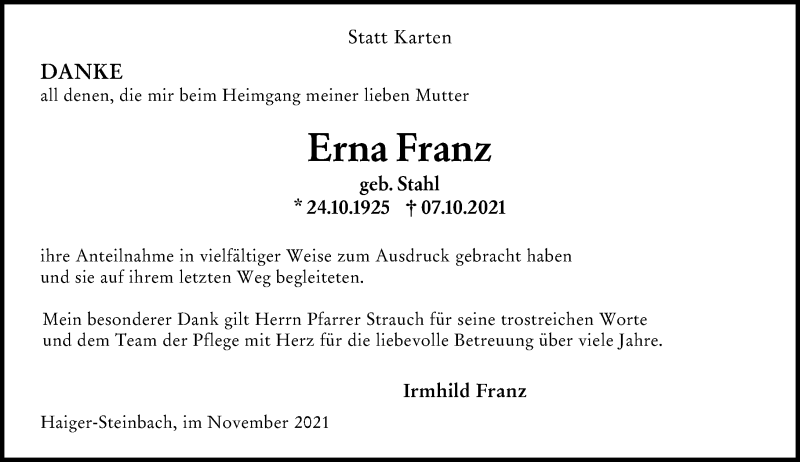  Traueranzeige für Erna Franz vom 13.11.2021 aus 202 Dill Block