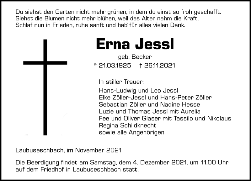  Traueranzeige für Erna Jessl vom 01.12.2021 aus 206 Weilburger Tageblatt