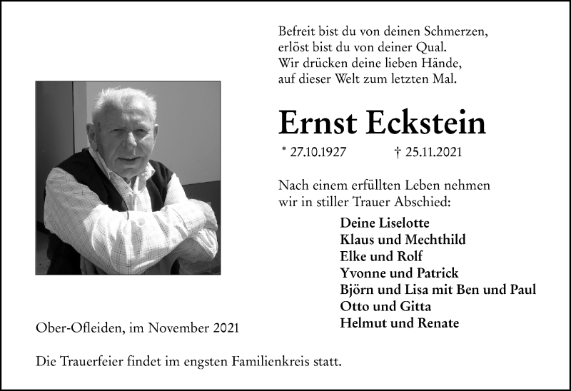  Traueranzeige für Ernst Eckstein vom 30.11.2021 aus 563 Oberhessische Zeitung