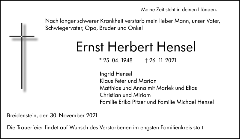  Traueranzeige für Ernst Herbert Hensel vom 30.11.2021 aus 205 Hinterländer Anzeiger