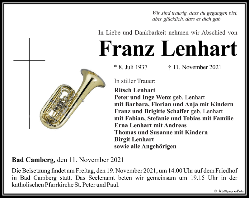  Traueranzeige für Franz Lenhart vom 18.11.2021 aus 582 Camberger Anzeiger
