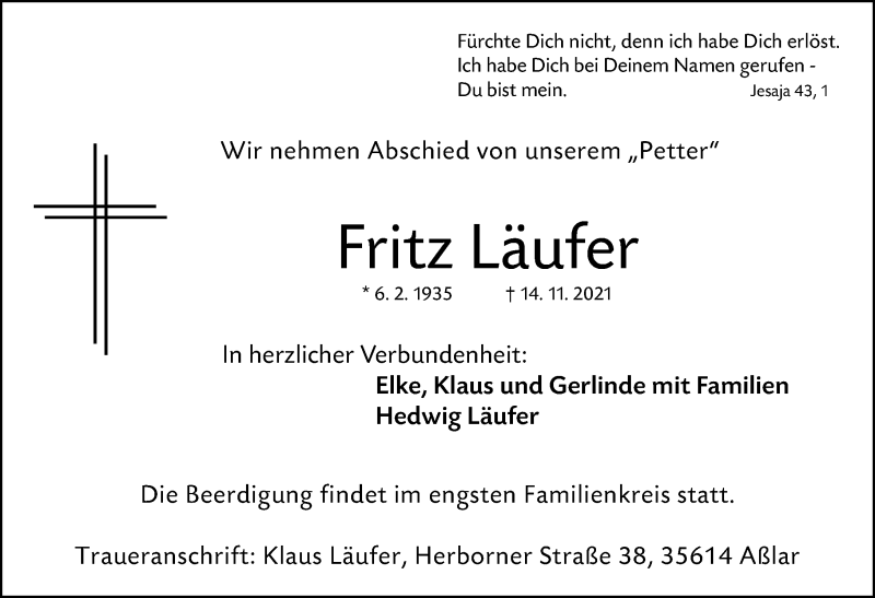  Traueranzeige für Fritz Läufer vom 20.11.2021 aus 201 Wetzlarer Neue Zeitung