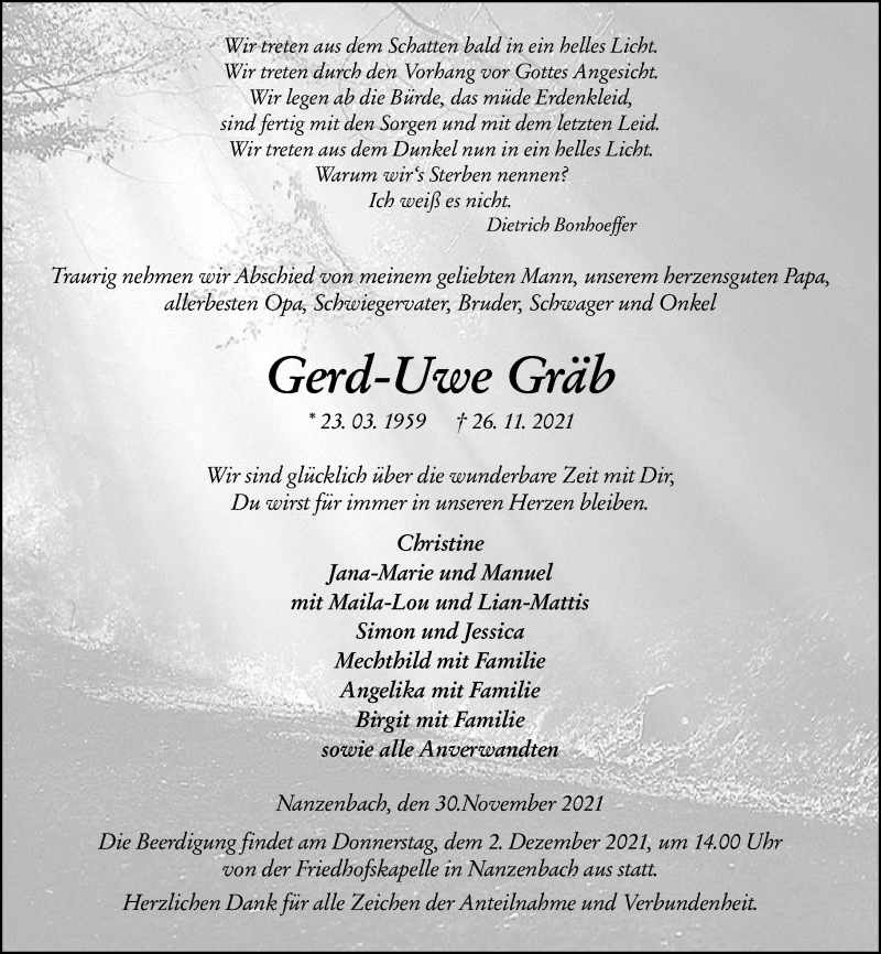  Traueranzeige für Gerd-Uwe Gräb vom 30.11.2021 aus 202 Dill Block