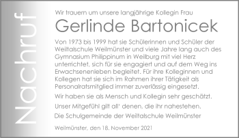 Traueranzeige von Gerlinde Bartonicek von 206 Weilburger Tageblatt
