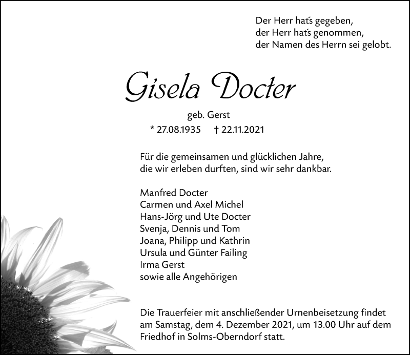  Traueranzeige für Gisela Docter vom 01.12.2021 aus 201 Wetzlarer Neue Zeitung