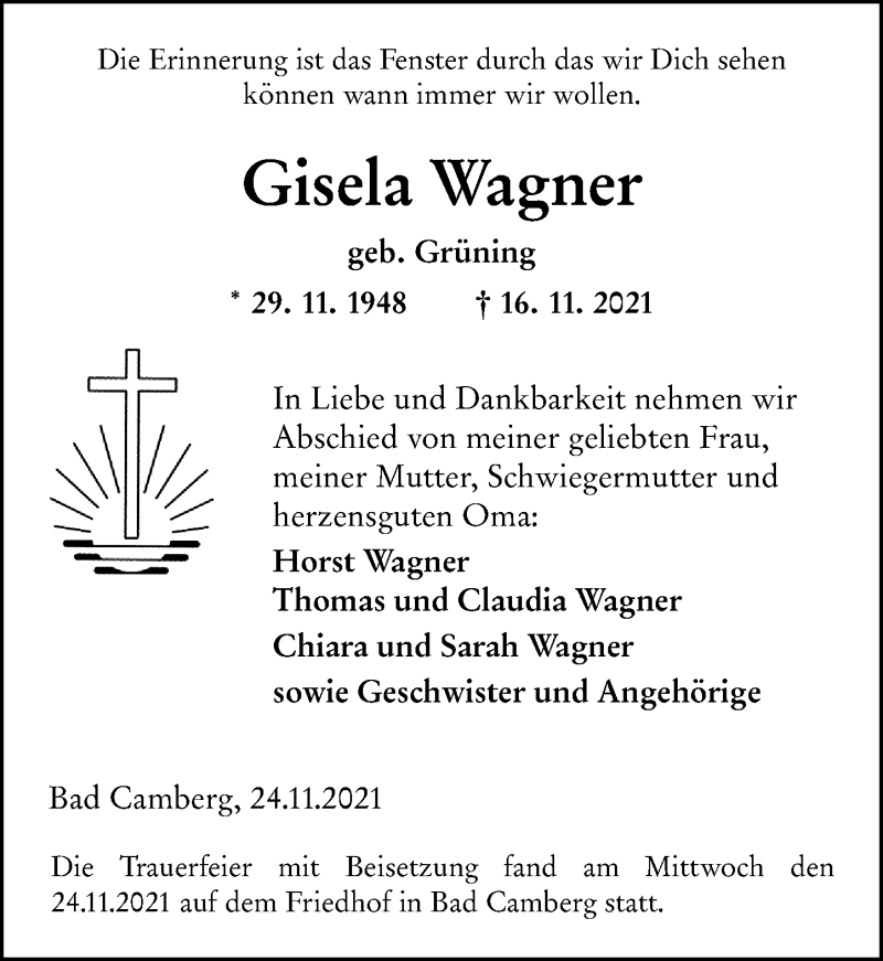  Traueranzeige für Gisela Wagner vom 25.11.2021 aus 582 Camberger Anzeiger