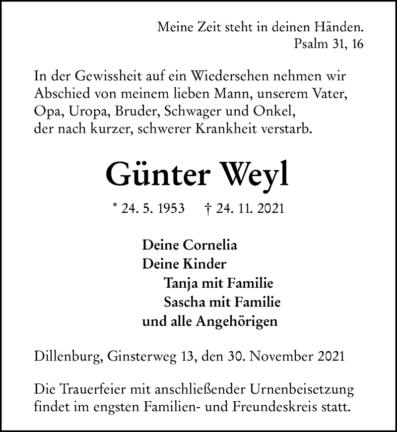  Traueranzeige für Günter Weyl vom 30.11.2021 aus 202 Dill Block
