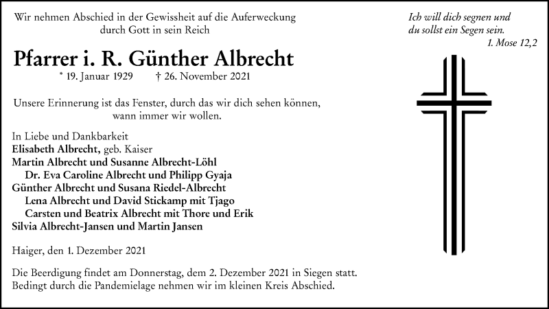  Traueranzeige für Günther Albrecht vom 01.12.2021 aus 202 Dill Block