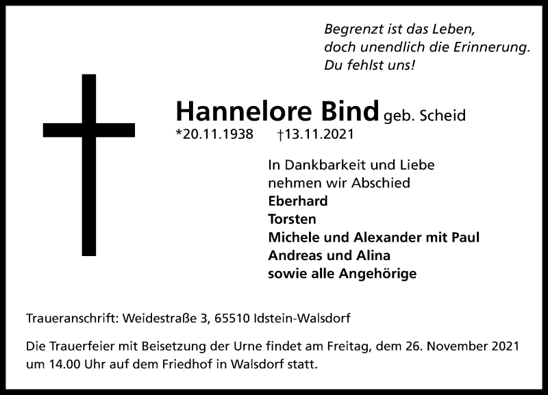  Traueranzeige für Hannelore Bind vom 18.11.2021 aus 582 Camberger Anzeiger