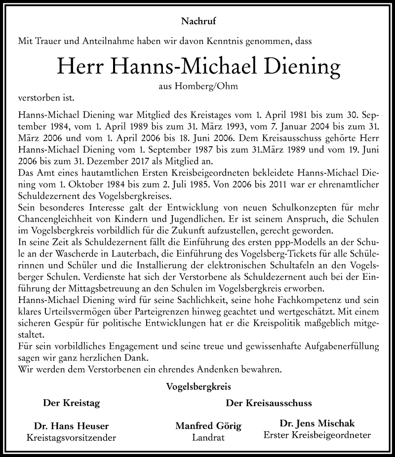  Traueranzeige für Hanns-Michael Diening vom 27.11.2021 aus 563 Oberhessische Zeitung