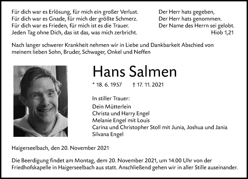  Traueranzeige für Hans Salmen vom 20.11.2021 aus 202 Dill Block