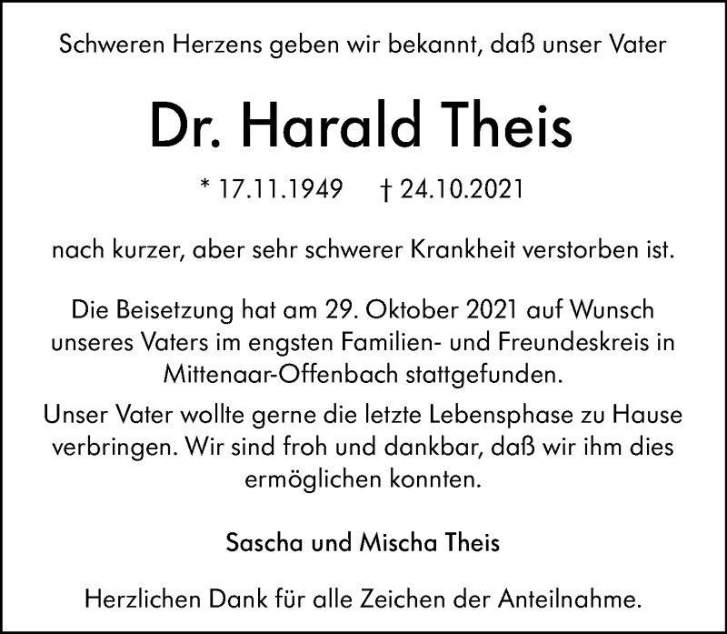  Traueranzeige für Harald Theis vom 06.11.2021 aus 202 Dill Block