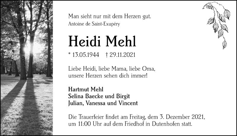  Traueranzeige für Heidi Mehl vom 01.12.2021 aus 201 Wetzlarer Neue Zeitung